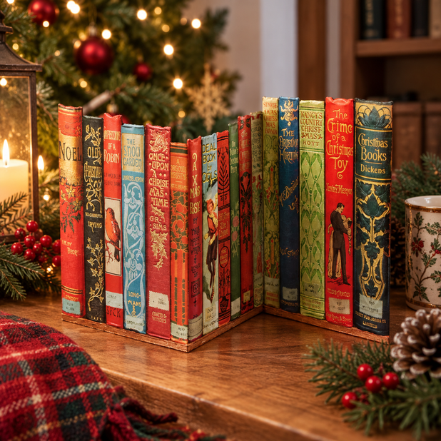 A Bodleian Libraries Bookspines Christmas Card sitting atop a wooden table with pine cones, berries and Christmas tree in the background and festive lights.