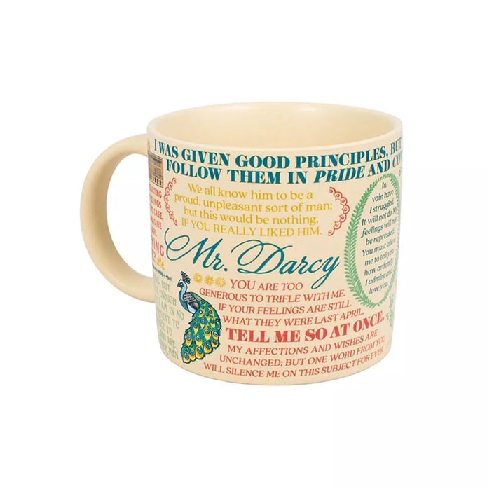 Mug with text and peacock design on a white background