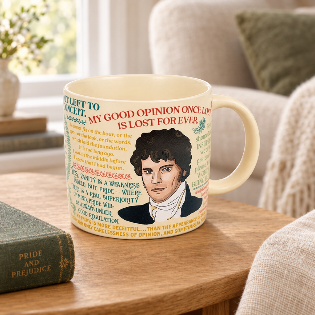 A ceramic mug featuring a portrait of Mr Darcy and excerpts from Pride and Prejudice, displayed on a wooden table next to a matching book in a cozy living room setting.