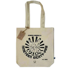 Beige tote bag with a black graphic design and text on a white surface