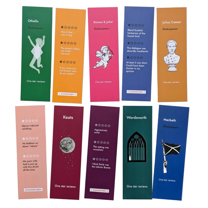 Collection of colorful bookmarks with literary references and reviews on a white background