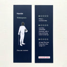 Two blue bookmarks with text and a silhouette of Hamlet, one with a one-star review and the other with humorous comments.
