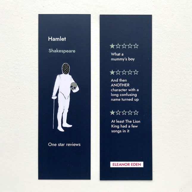 Two blue bookmarks with text and a silhouette of Hamlet, one with a one-star review and the other with humorous comments.