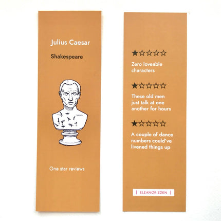 Bookmarks with a bust of a man and text on an orange background