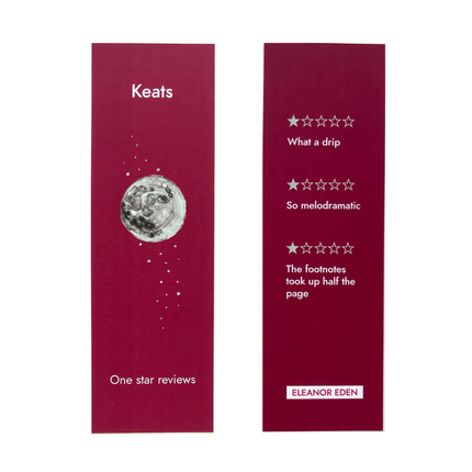 Two red bookmarks with text and a moon illustration on a white background