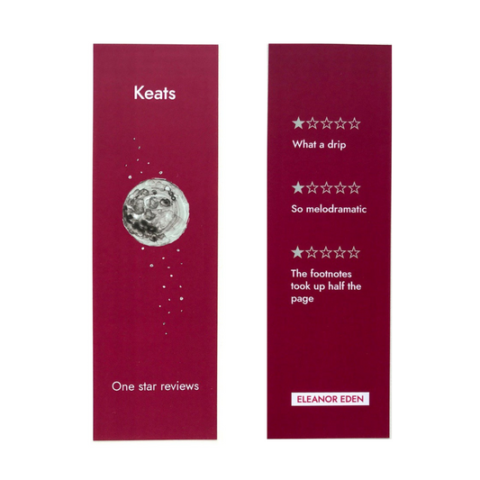 Two red bookmarks with text and a moon illustration on a white background