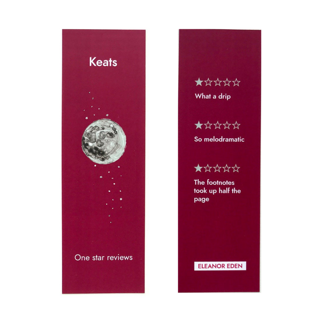 Two red bookmarks with text and a moon illustration on a white background