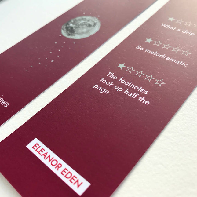 Maroon bookmark with white text and 'Eleanor Eden' branding on a white background