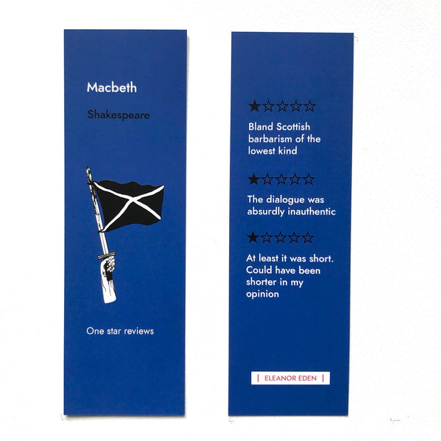 Two blue bookmarks with text and a flag illustration on a white background