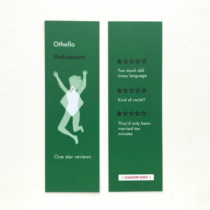 Two green bookmraks with text and a silhouette of a person, on a white background.