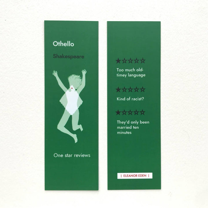 Two green bookmraks with text and a silhouette of a person, on a white background.