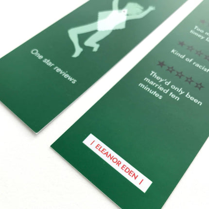 Two green bookmarks with text and a silhouette of a person on a white background