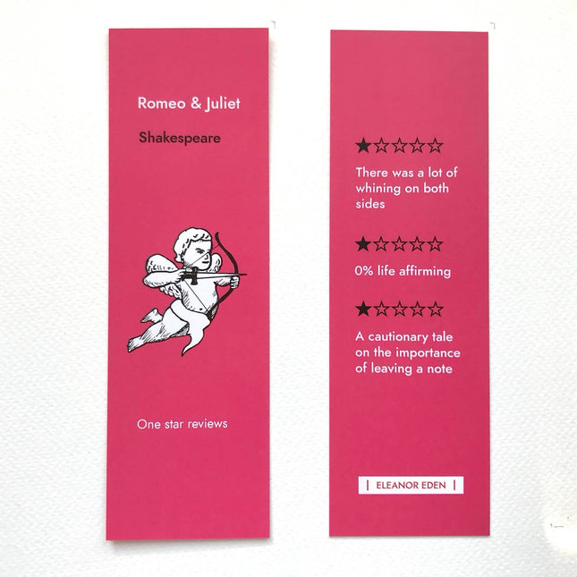 Two pink bookmarks with text and a Cupid illustration on a white background