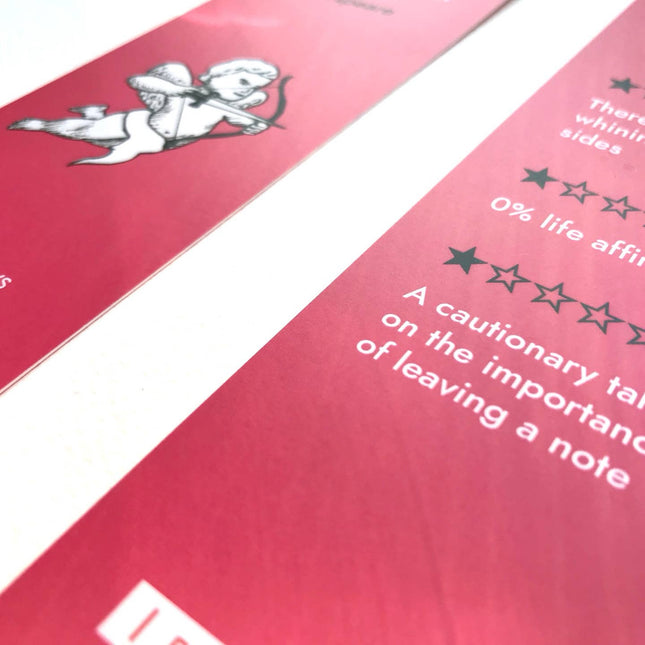 Red and white bookmark with a character and text.