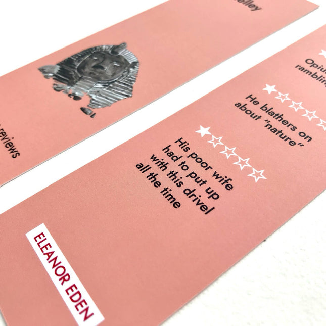 Bookmarks with text and a rating system on a pink background, featuring the name Eleanor Eden.