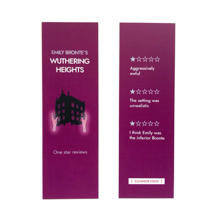 Two purple bookmarks with text and star ratings on a white background