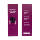 Two purple bookmarks with text and star ratings on a white background