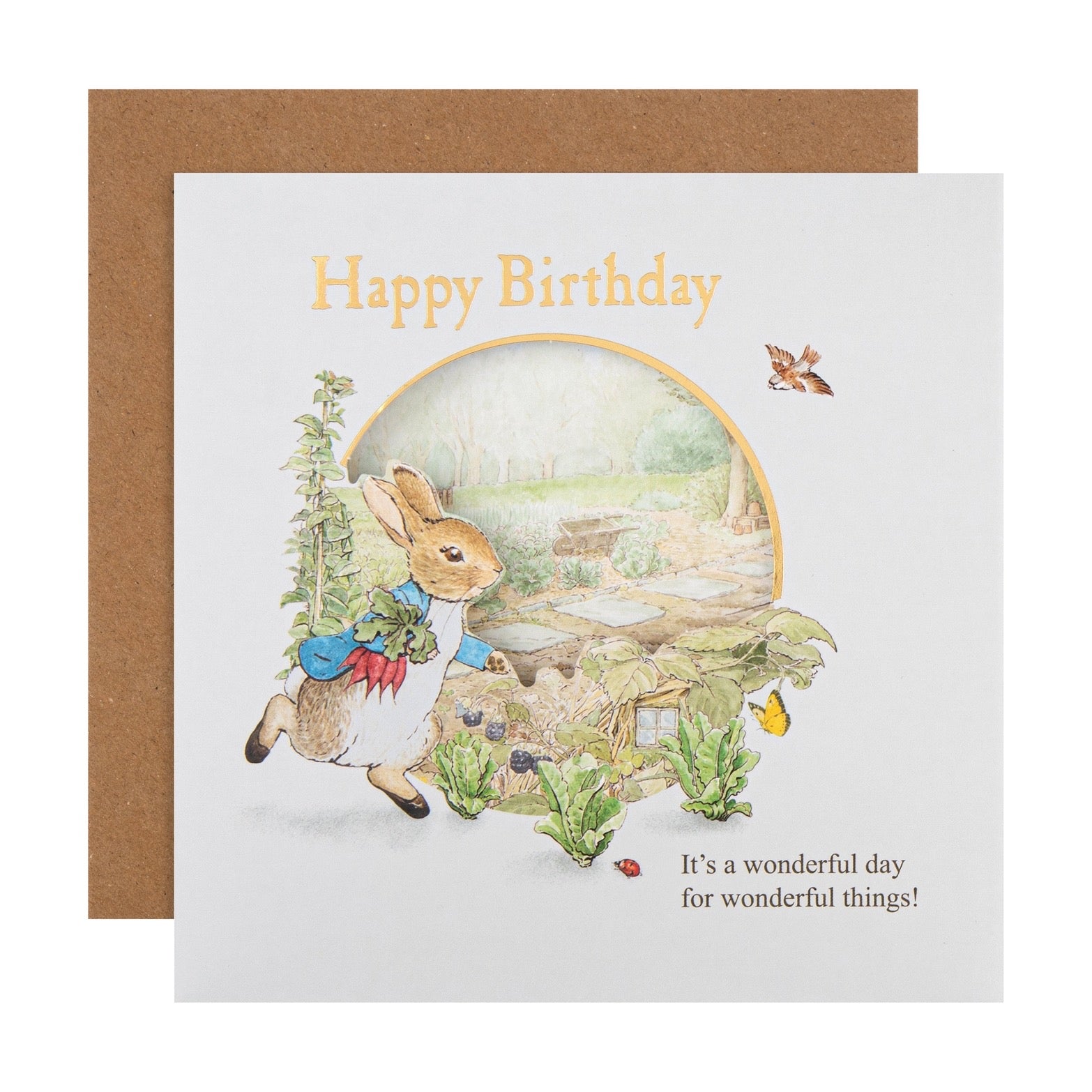 Birthday card with a rabbit illustration and 'Happy Birthday' text on a white background.