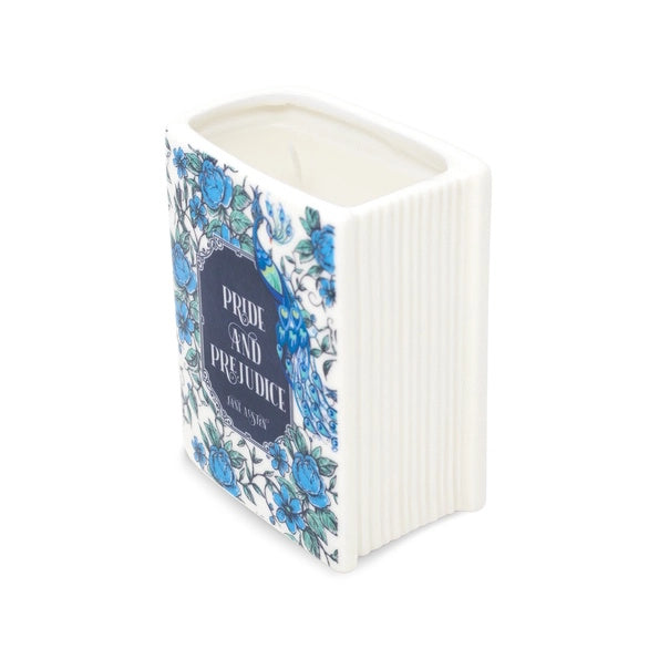 Candle with 'Pride and Prejudice' design on a white background