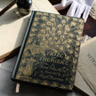 Decorative book cover of 'Pride and Prejudice' by Jane Austen with peacock feather design.