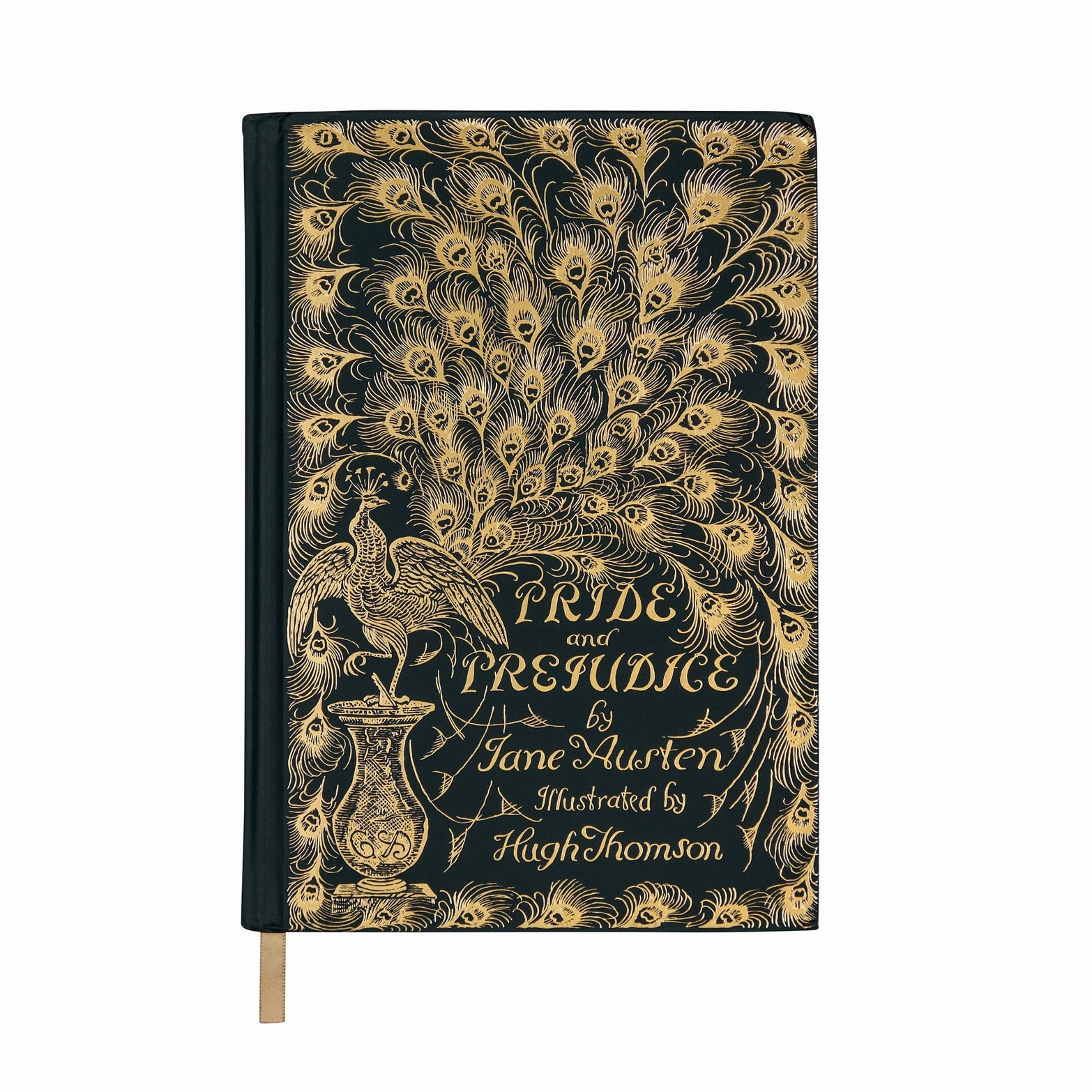 Book cover of 'Pride and Prejudice' with gold peacock design on black background