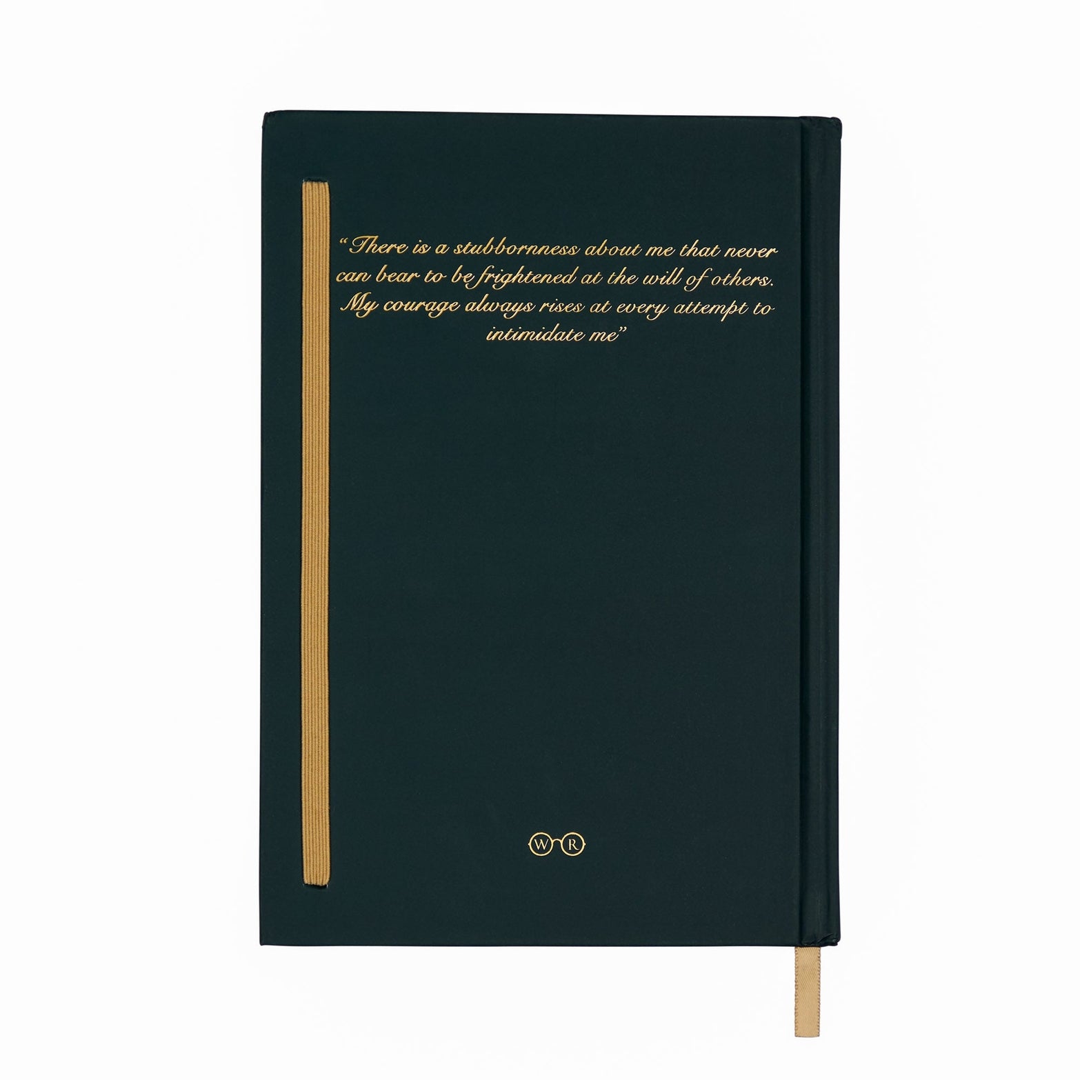 Dark green notebook with gold text and trim on a white background