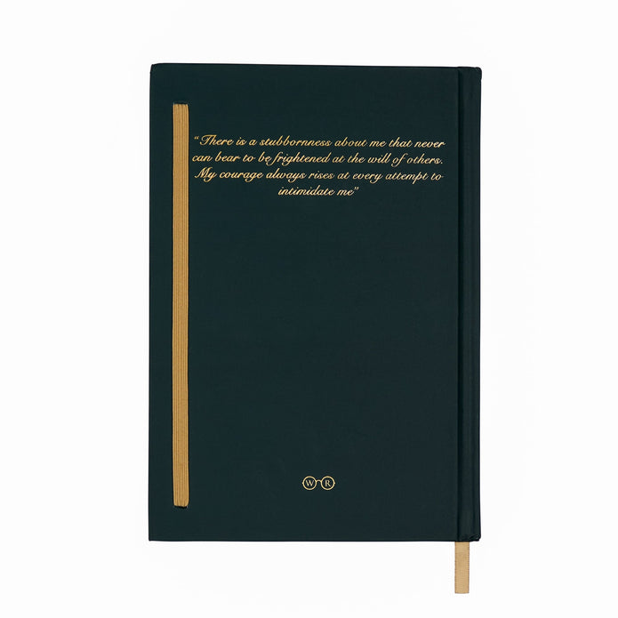 Dark green notebook with gold text and trim on a white background