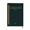 Dark green notebook with gold text and trim on a white background