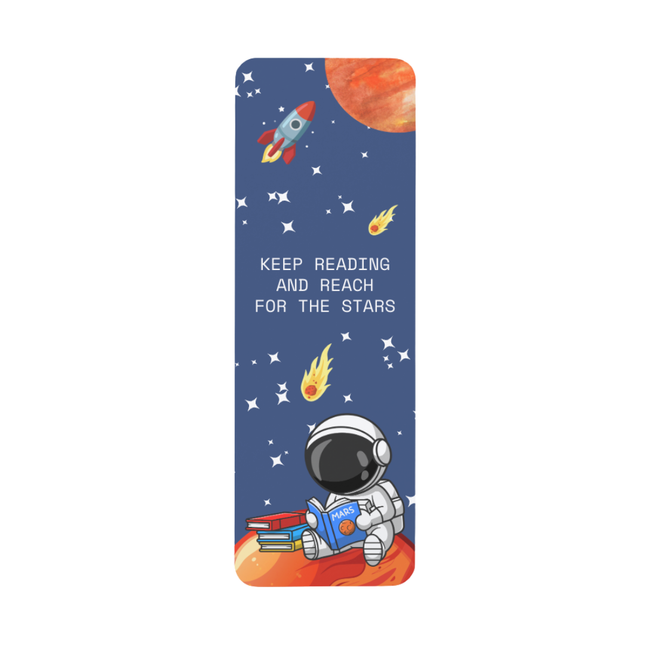 Bookmark with an astronaut reading a book, space-themed illustrations, and text 'Keep reading and reach for the stars' on a blue background.