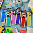 Five colourful bookmark sets with hand-shaped tabs in blue, teal, pink, purple, red, and yellow, displayed on a light blue desk with school and office props.