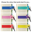 Six colour options for a bookmark shaped like a pointing hand holding a pen, shown attached to pages of a book. The top text reads, 'Choose the colour that works best for you.