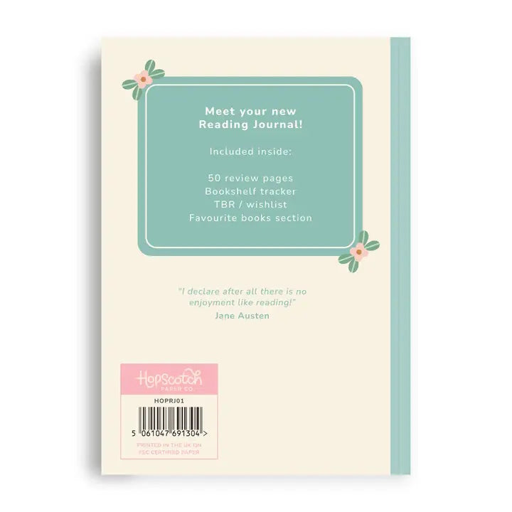 Reading journal with text and floral design on a white background