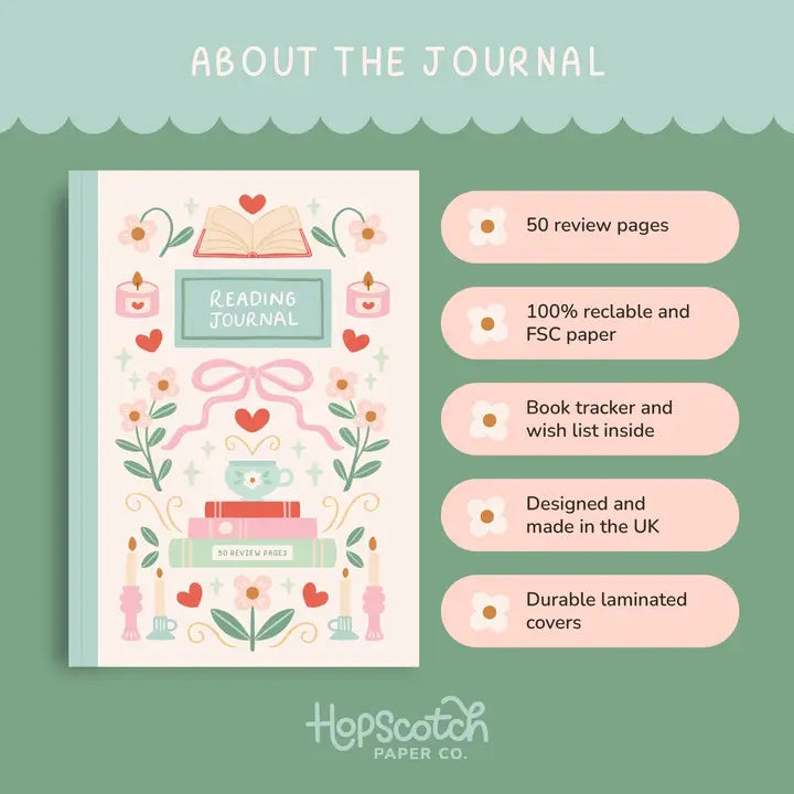 Reading journal with decorative cover and feature text on a green background
