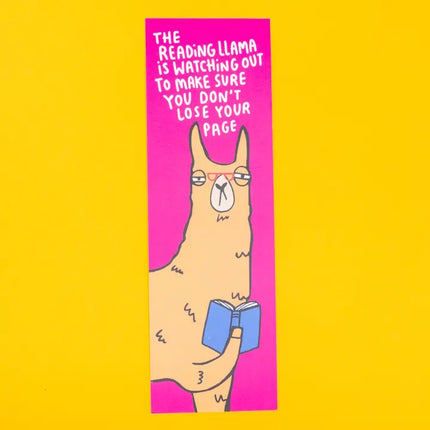 Bookmark with a llama reading a book on a yellow background