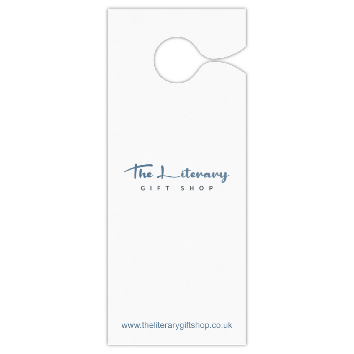 A white paper door hanger with a hanging loop at the top, featuring the text 'The Literary Gift Shop' in blue script and website text at the bottom.