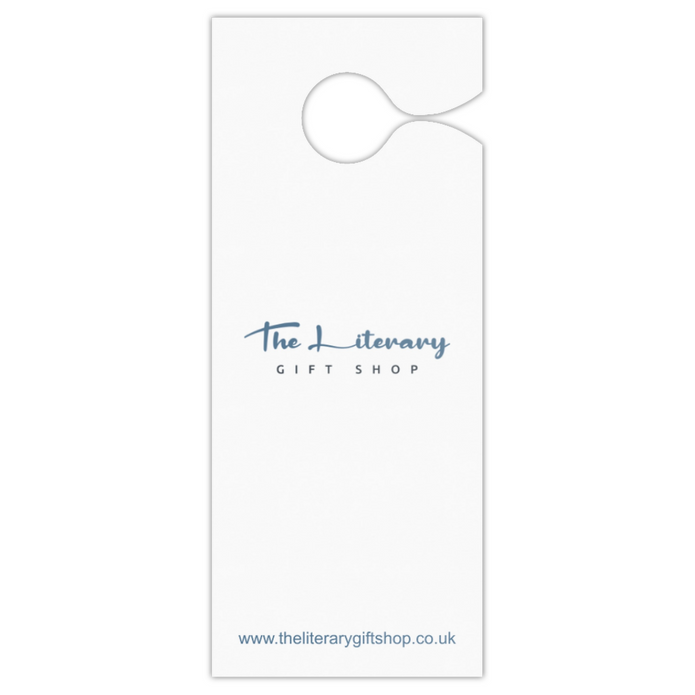 A white paper door hanger with a hanging loop at the top, featuring the text 'The Literary Gift Shop' in blue script and website text at the bottom.