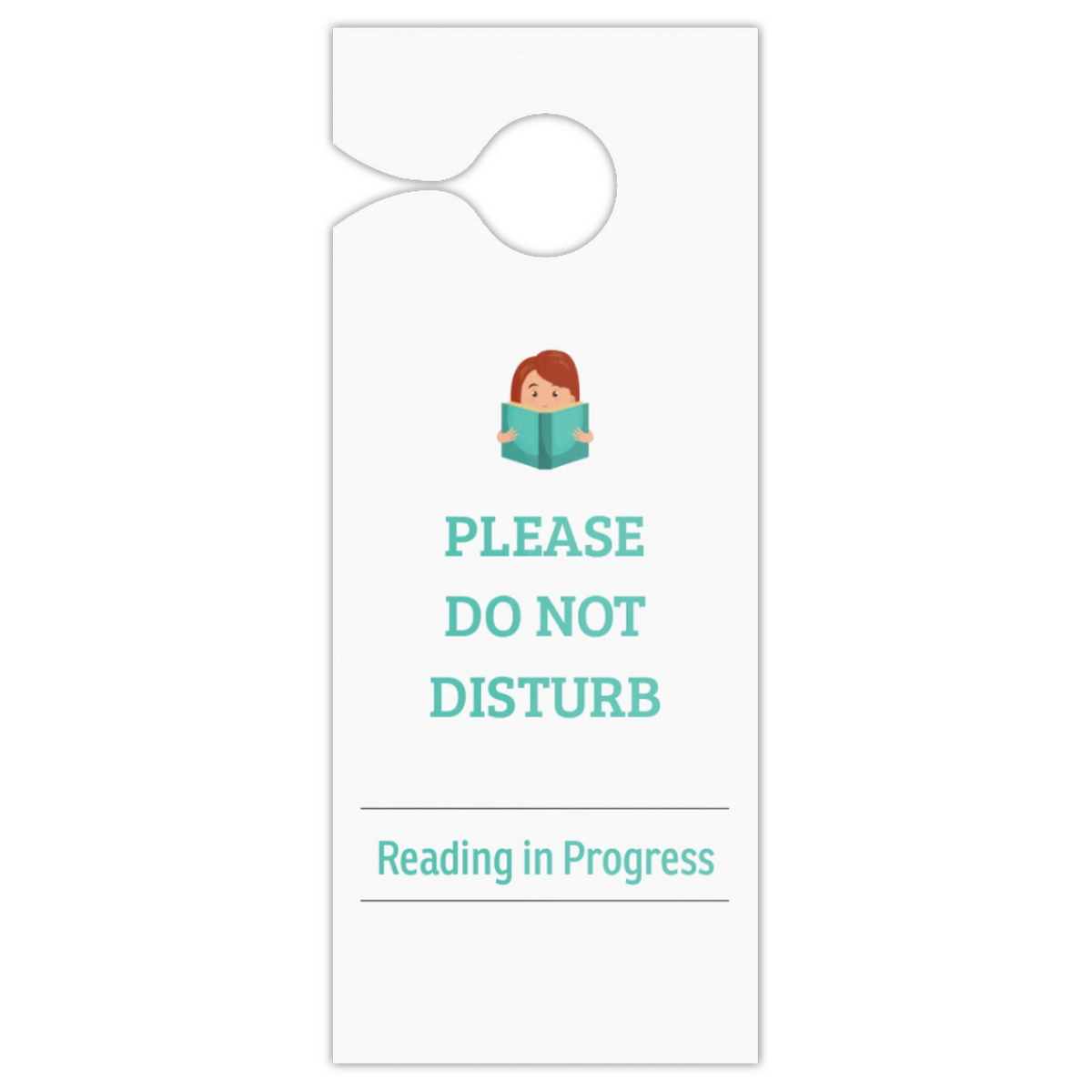 A white hanging door sign with a small cartoon illustration of a person reading, above the text 'PLEASE DO NOT DISTURB' and 'Reading in Progress' in teal, shown on a plain white background.