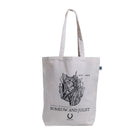 A beige cotton tote bag with black printed text and an illustration of a cat, referencing the theme from William Shakespeare's Romeo and Juliet.