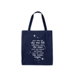 A navy blue canvas tote bag with white printed text and star graphics on the front, displayed against a solid white background.