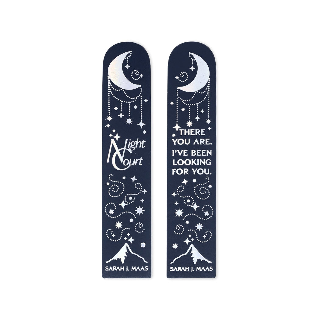 Front and back view of a blue and white bookmark with celestial designs, including a crescent moon, stars, swirls, and text reading 'Light Court' and 'THERE ARE. I'VE BEEN LOOKING FOR YOU.