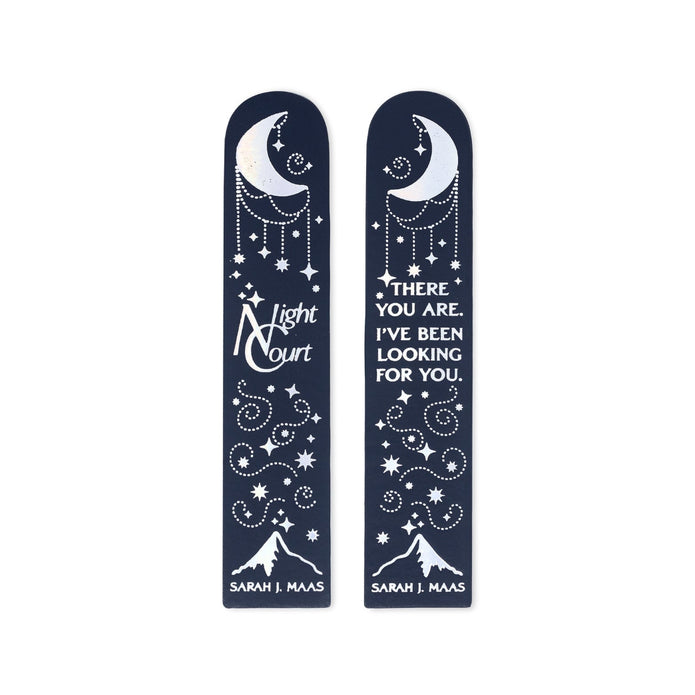 Front and back view of a blue and white bookmark with celestial designs, including a crescent moon, stars, swirls, and text reading 'Light Court' and 'THERE ARE. I'VE BEEN LOOKING FOR YOU.