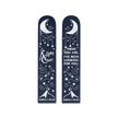 Front and back view of a blue and white bookmark with celestial designs, including a crescent moon, stars, swirls, and text reading 'Light Court' and 'THERE ARE. I'VE BEEN LOOKING FOR YOU.