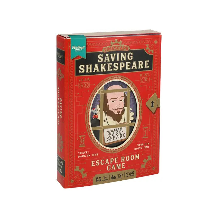 Box of 'Saving Shakespeare' escape room game with a red background and Shakespeare's face on it.
