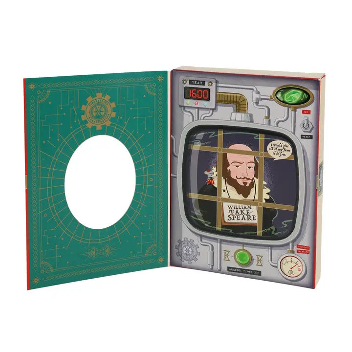 Toy resembling a vintage television set with a character named William Shake-Speare inside, displayed in an open book.