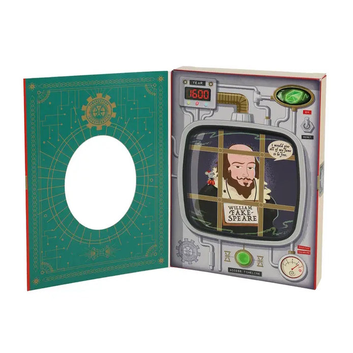 Toy resembling a vintage television set with a character named William Shake-Speare inside, displayed in an open book.