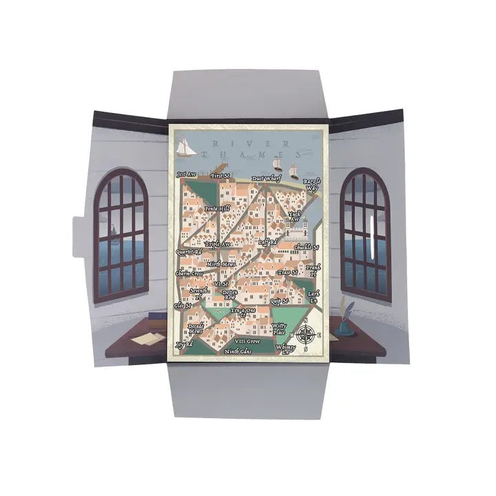 Map of a town displayed in an open book with window illustrations on a white background