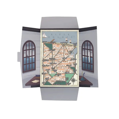 Map of a town displayed in an open book with window illustrations on a white background