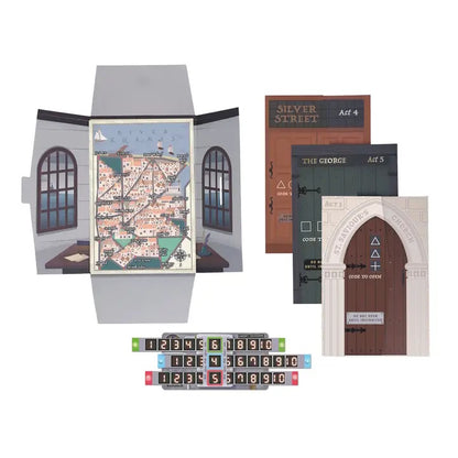 Set of board game components including a map, doors, and scoring elements on a white background.