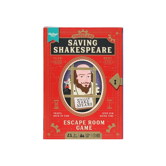 Escape room game box featuring William Shakespeare on a red background