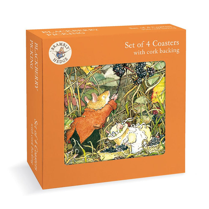Box of Brambly Hedge coasters with illustration of a mouse and cat among blackberries.